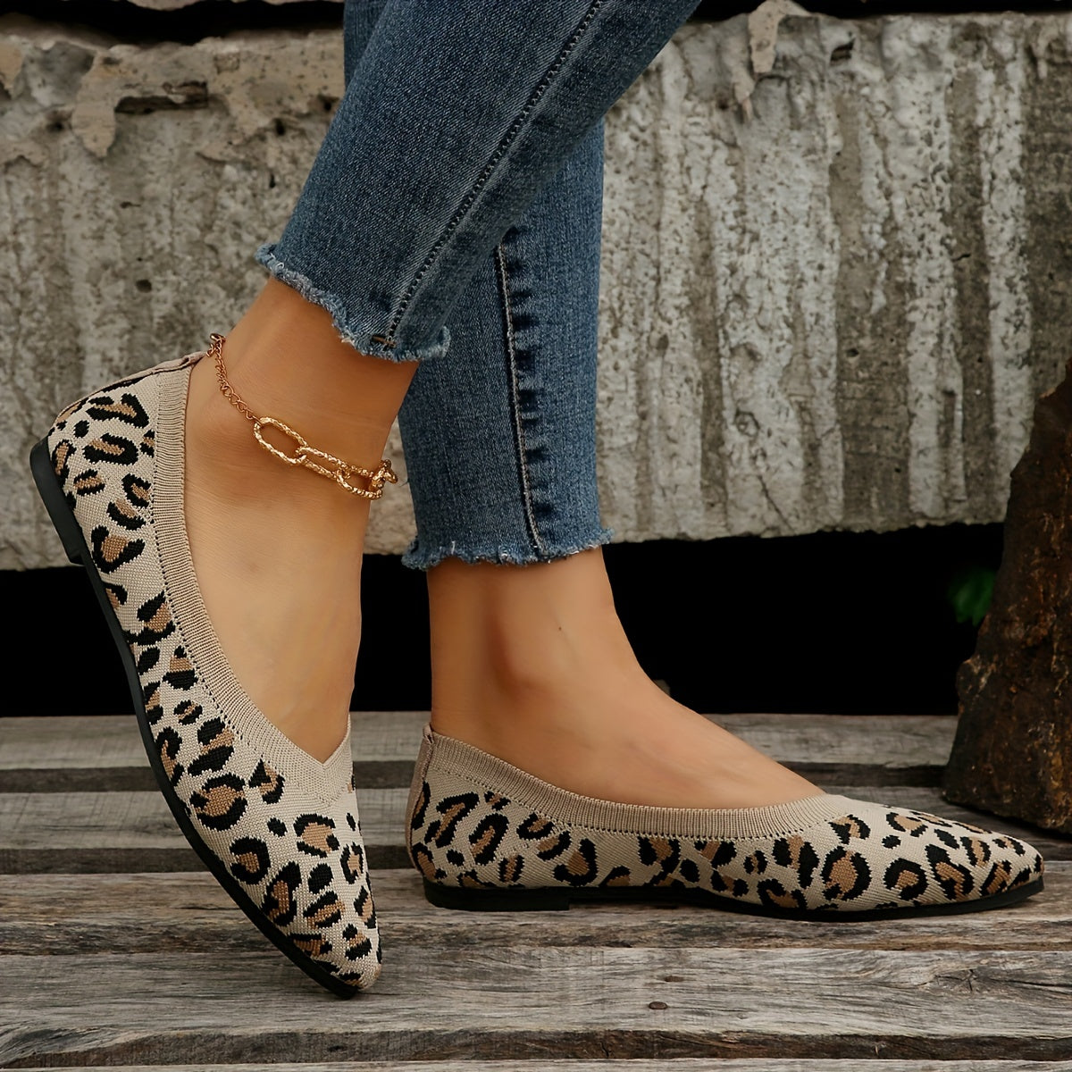 Ladies Leopard Ballerinas-Punkt Poślizg-on Light Ramin