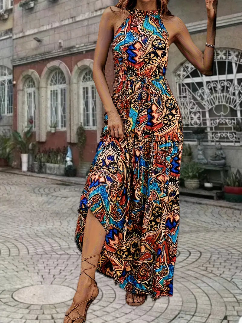 Boho Maxi Dress Brown Letnia sukienka bez rękawów z paskiem