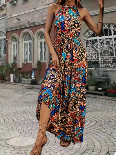 Boho Maxi Dress Brown Letnia sukienka bez rękawów z paskiem