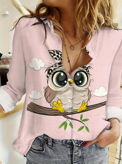 Lässiges Langarm-T-Shirt mit einzigartigem Eulen-Print für Frauen