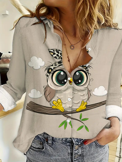 Lässiges Langarm-T-Shirt mit einzigartigem Eulen-Print für Frauen