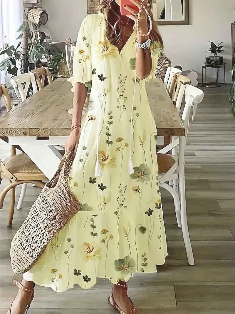 Charm - Ikat Dream Boho Sukienka z falbaną i dekoltem w szpic, w eleganckim stylu