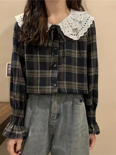 Bluzka Gingham z koronką i falbanką, długi rękaw damski