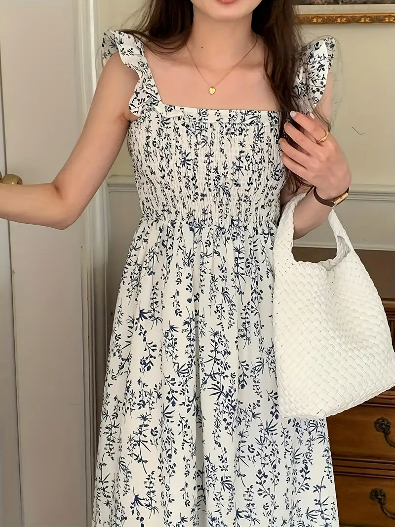Sukienka w kwiaty w stylu vintage z kwadratową talią i elegancka
