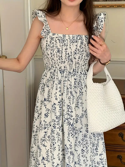 Sukienka w kwiaty w stylu vintage z kwadratową talią i elegancka
