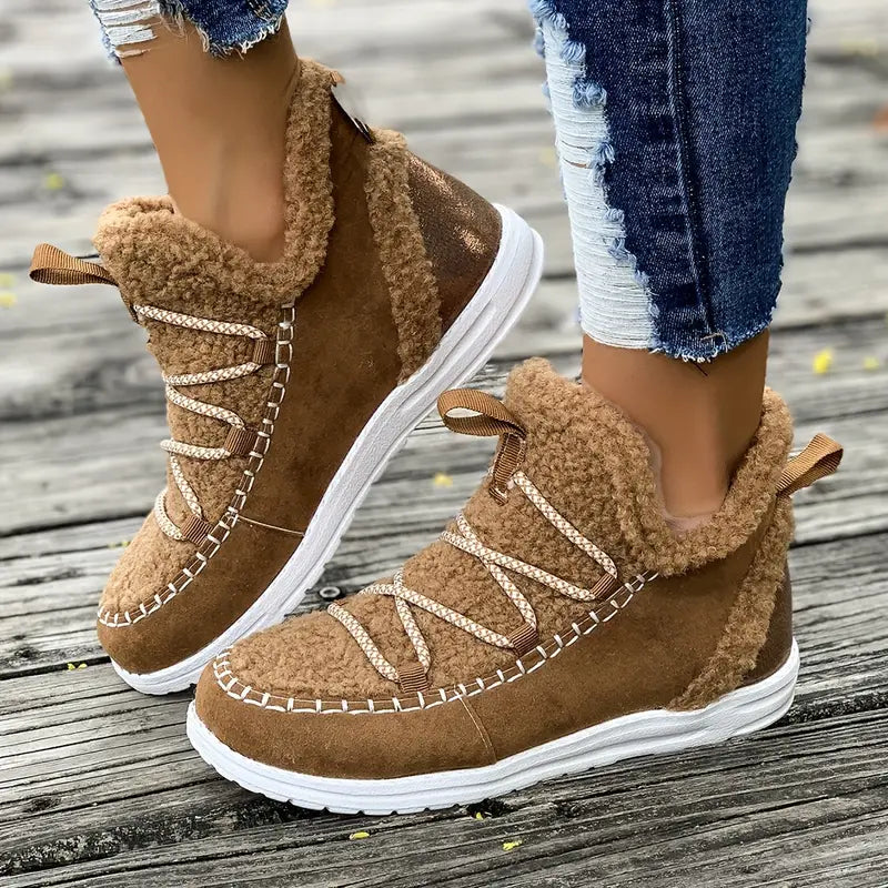 Damskie płaskie buty zimowe - Buty casual z materiału i PU