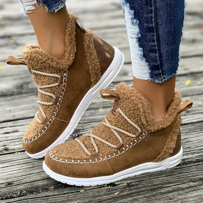 Damskie płaskie buty zimowe - Buty casual z materiału i PU