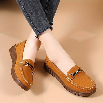 Damskie loafersy z metalową klamrą, casualowe wsuwane buty w jednolitych kolorach