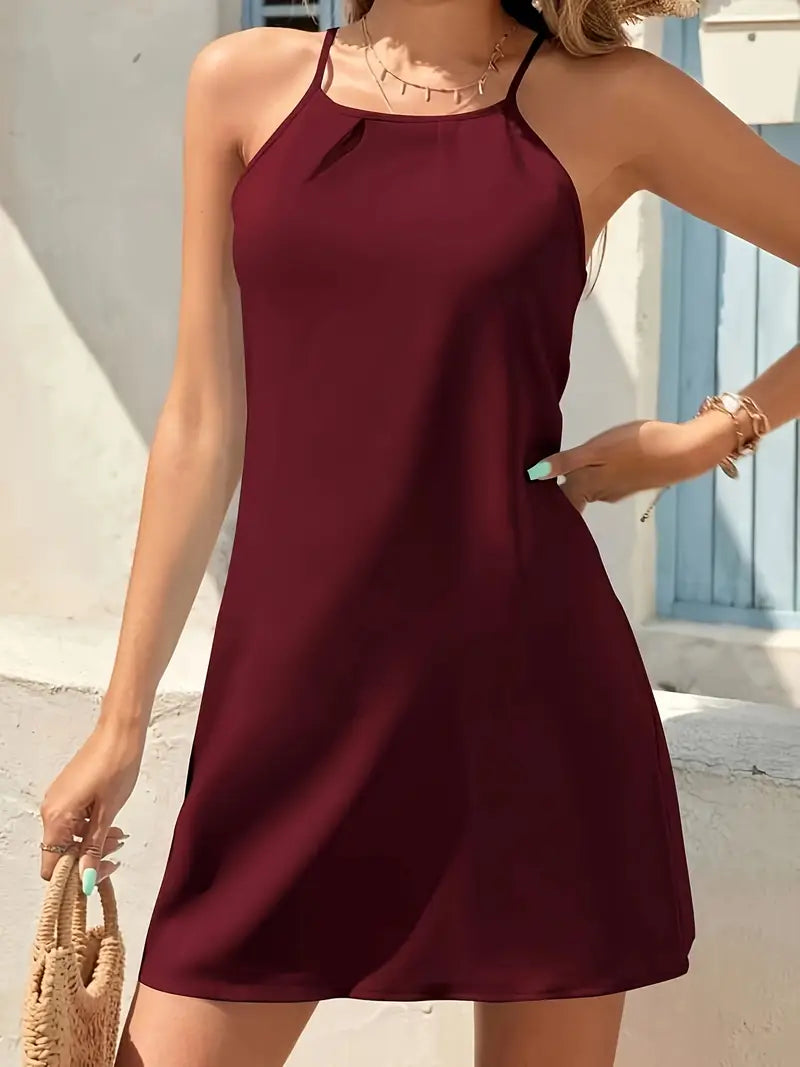 Bordowa letnia sukienka midi bez rękawów na cienkich ramiączkach Elegancki Casual Look