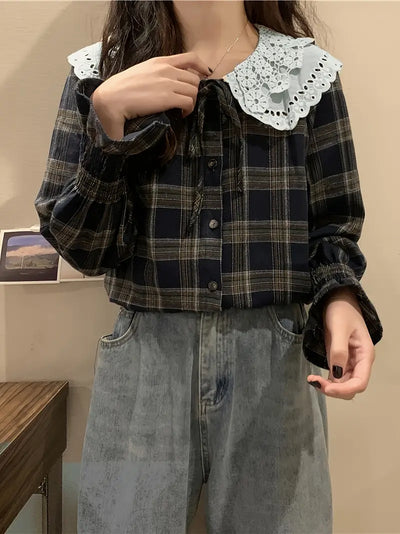 Bluzka Gingham z koronką i falbanką, długi rękaw damski