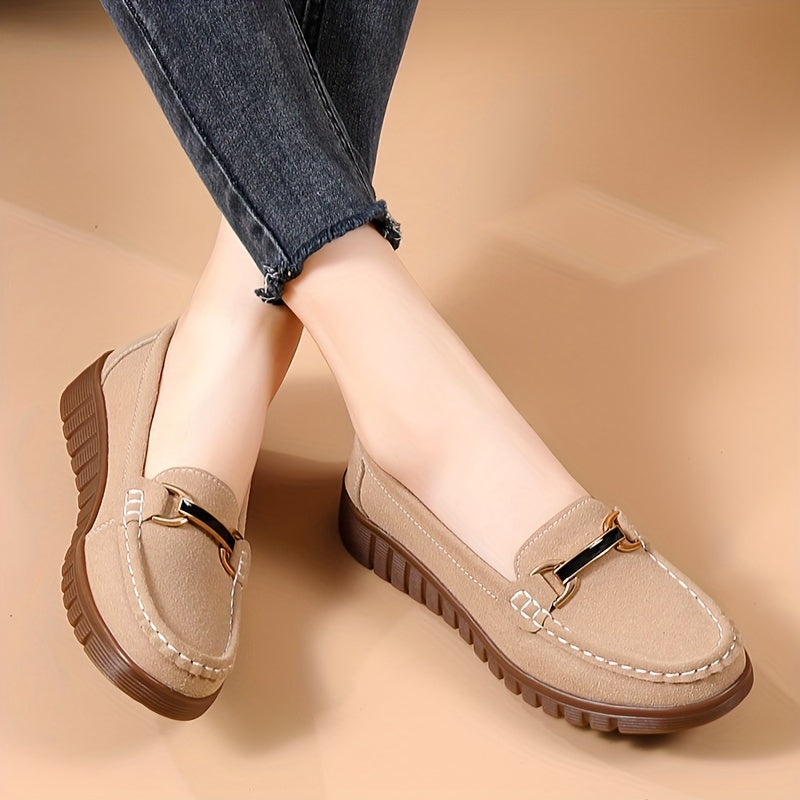 Damskie loafersy z metalową klamrą, casualowe wsuwane buty w jednolitych kolorach