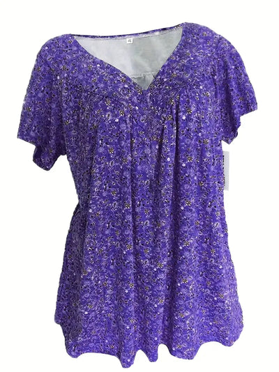 Floral Charm Plus Size V-Neck T-shirt z krótkim rękawem Boho T-shirt