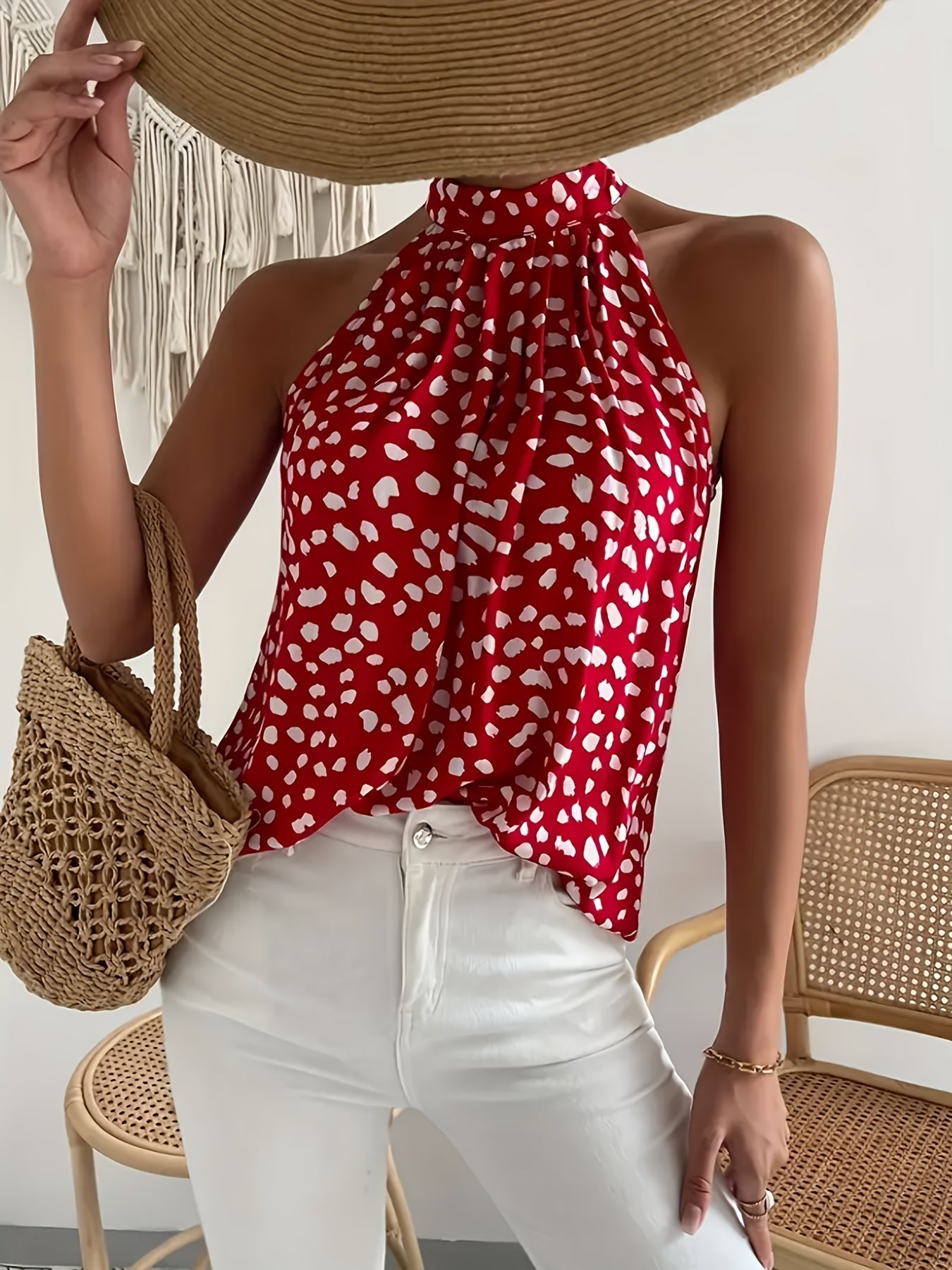 Top damski Halterneck Polka Dot - lekka mieszanka lnu, oddychająca, całoroczna, 100% poliester