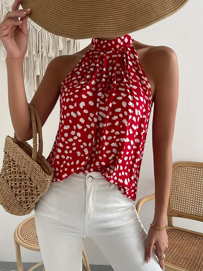 Top damski Halterneck Polka Dot - lekka mieszanka lnu, oddychająca, całoroczna, 100% poliester