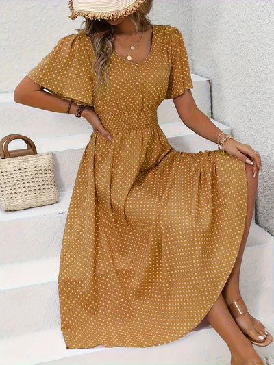 Sukienka midi Polkadot z dekoltem w szpic i marszczonymi rękawami Summer Look
