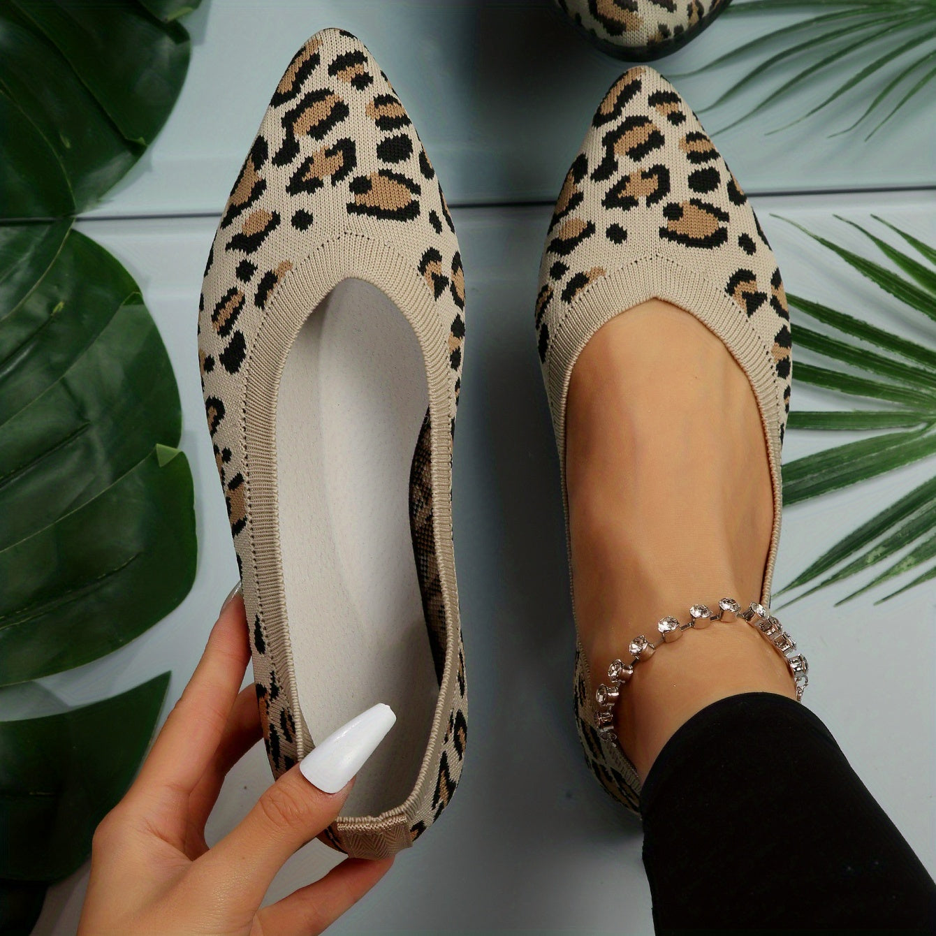 Ladies Leopard Ballerinas-Punkt Poślizg-on Light Ramin
