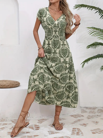 Casualowa sukienka maxi z nadrukiem - krótki rękaw V-Neck Army Green