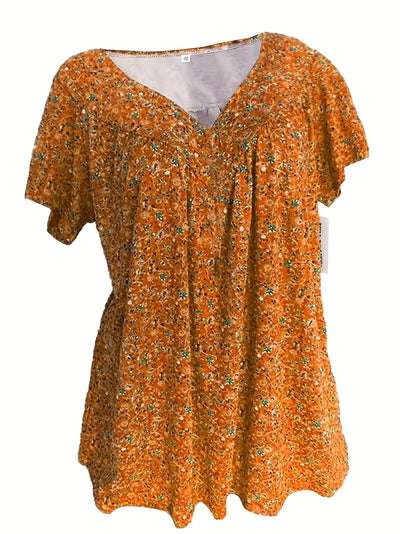 Floral Charm Plus Size V-Neck T-shirt z krótkim rękawem Boho T-shirt