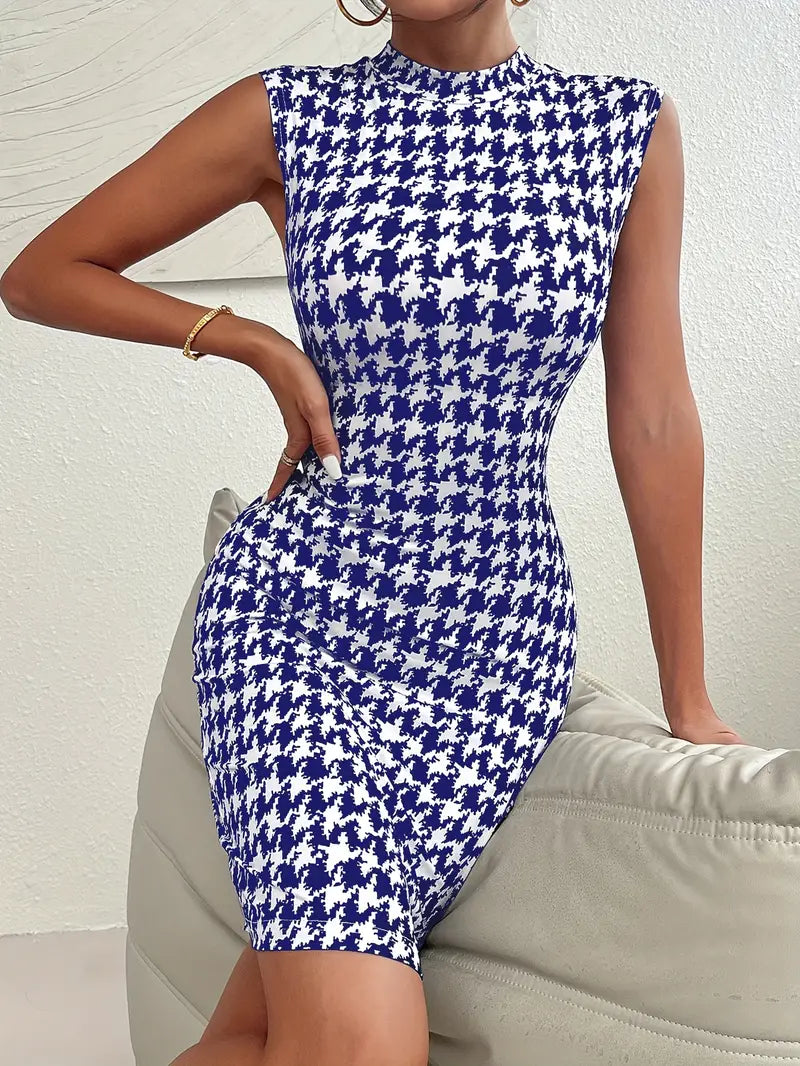 Bodycon z wzorem w pepitkę Sukienka bez rękawów Elegancka sukienka letnia z wysokim dekoltem