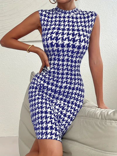 Bodycon z wzorem w pepitkę Sukienka bez rękawów Elegancka sukienka letnia z wysokim dekoltem