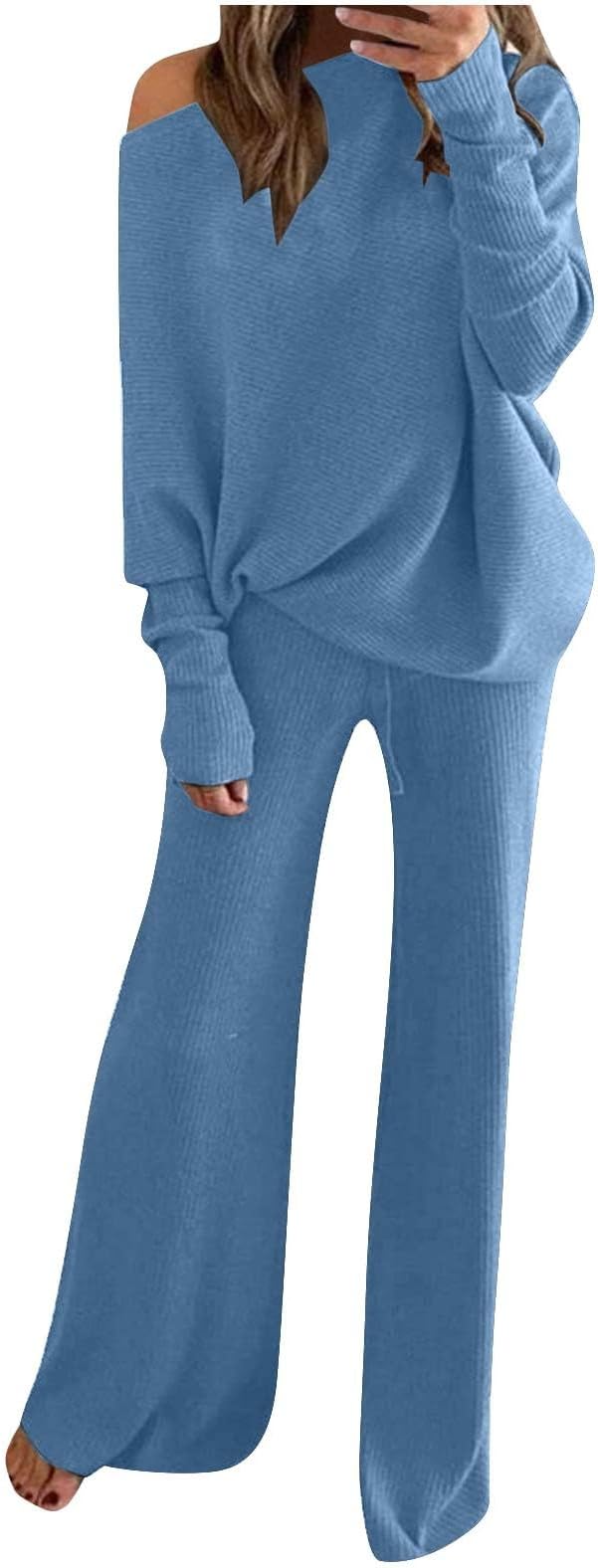 Tweedelig Set - Dames Trui en Broek, szerokie nogawki, wygodny, szykowny strój do salonu i na co dzień