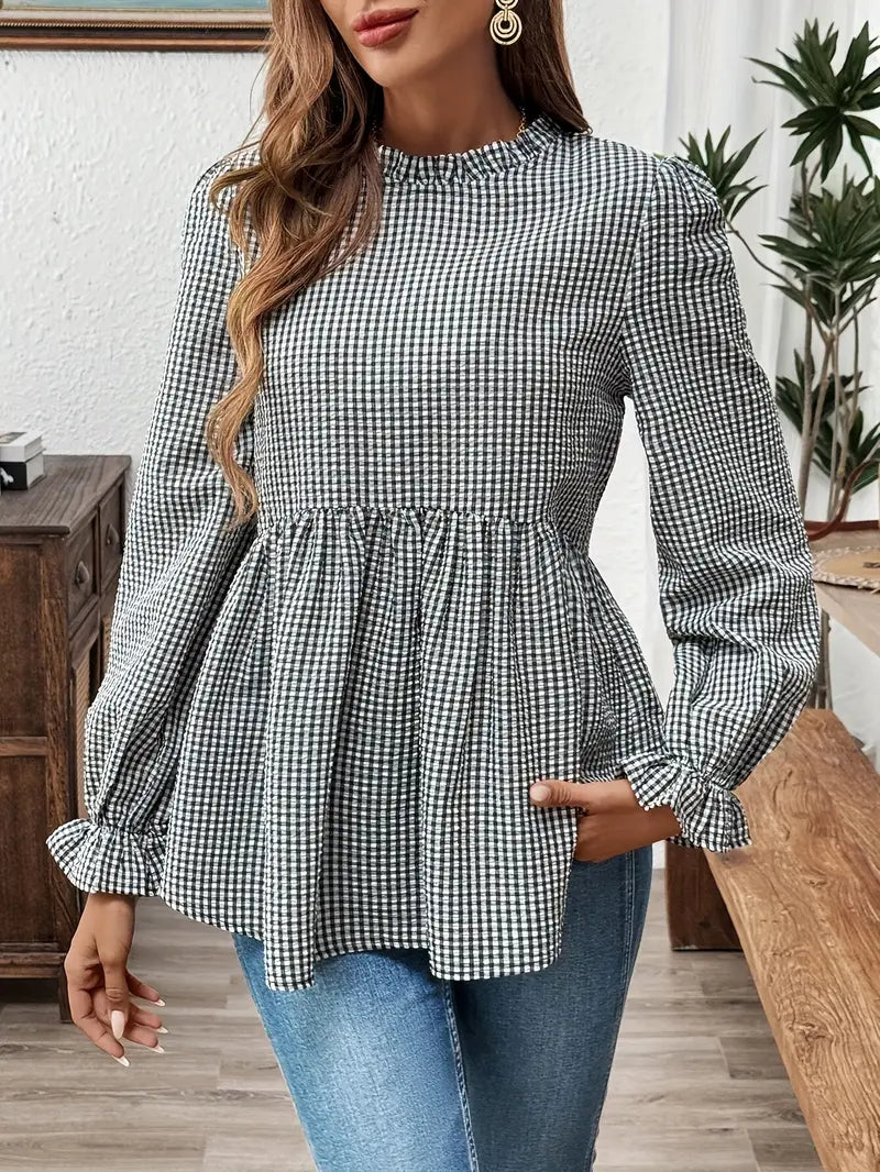 Bluzka Gingham - marszczony kołnierzyk, długie rękawy, wzór peplum