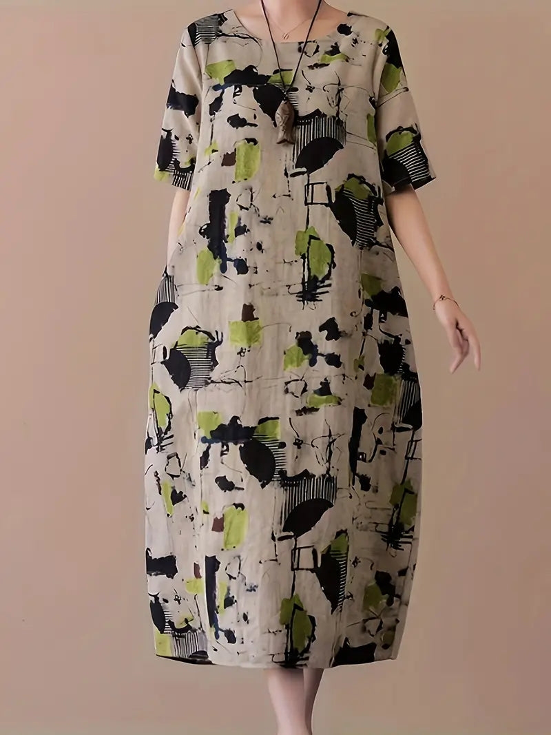 Artystyczna lniana sukienka midi Żywa abstrakcyjna elegancja Swobodne krótkie rękawy