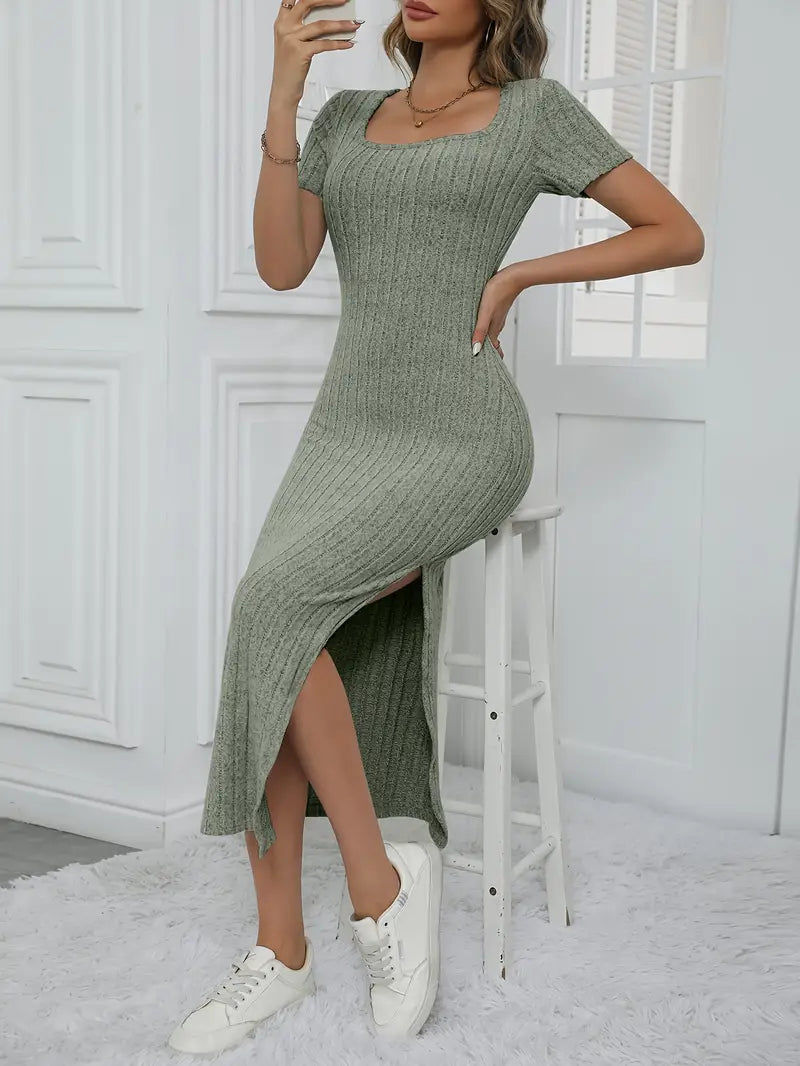 Elegancka długa rozkloszowana sukienka Bodycon Fit z dekoltem w łódkę
