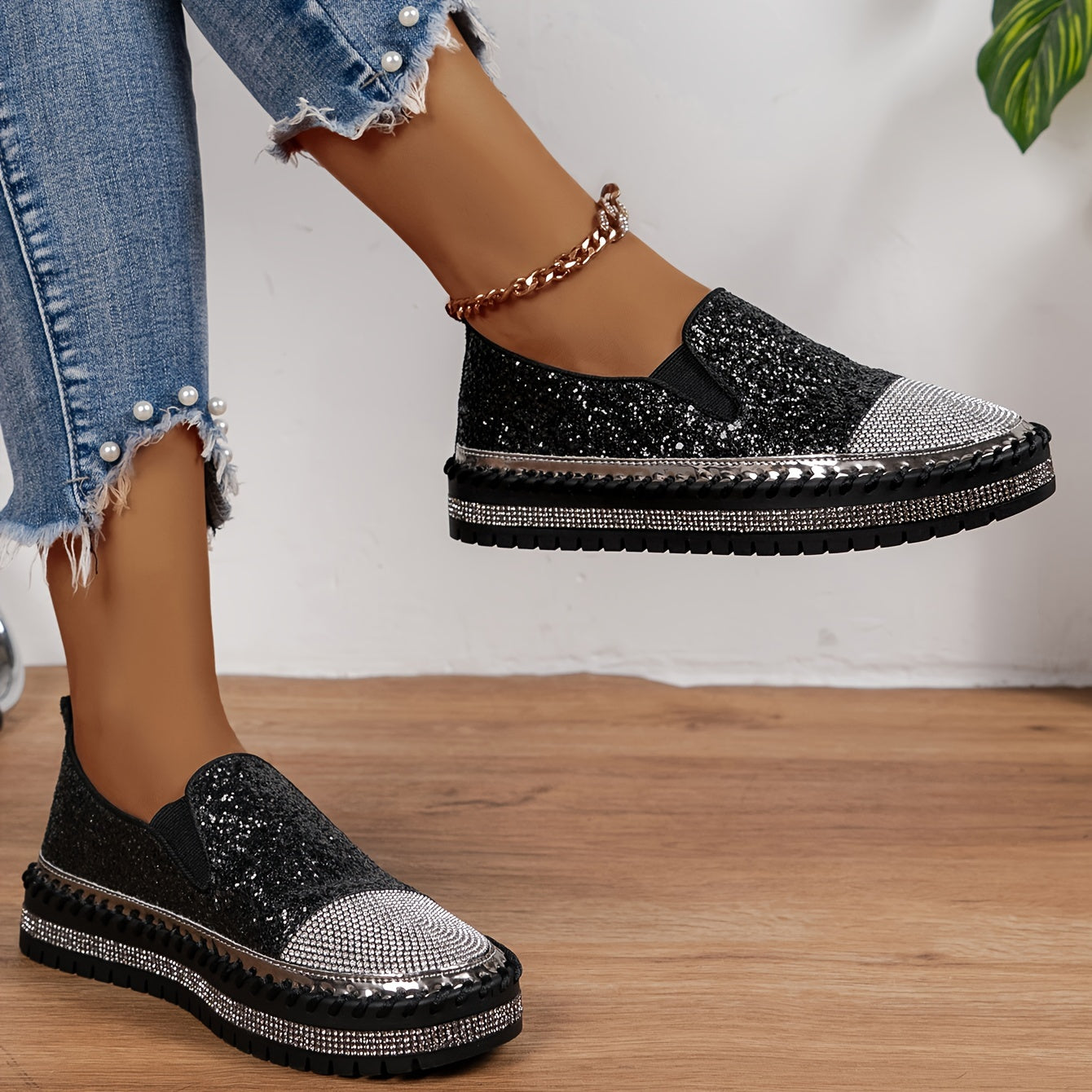 Kryształowe loafersy damskie, obcas 3 cm, wygodne buty na platformie
