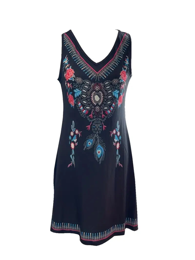 Czarna sukienka Boho z kwiatowym nadrukiem - letnia sukienka bez rękawów z dekoltem w szpic