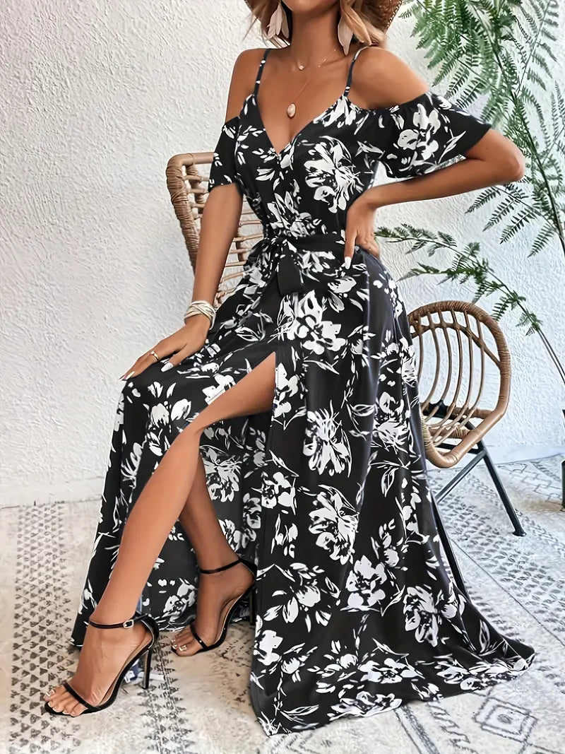 Kwiatowa sukienka maxi na ramiączkach - Elegancka letnia sukienka z paskami