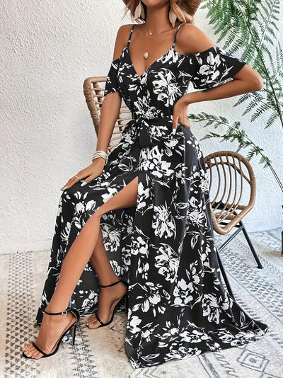 Kwiatowa sukienka maxi na ramiączkach - Elegancka letnia sukienka z paskami