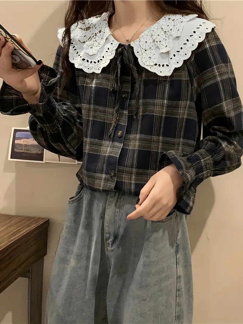 Bluzka Gingham z koronką i falbanką, długi rękaw damski