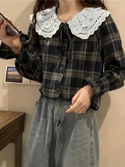 Bluzka Gingham z koronką i falbanką, długi rękaw damski