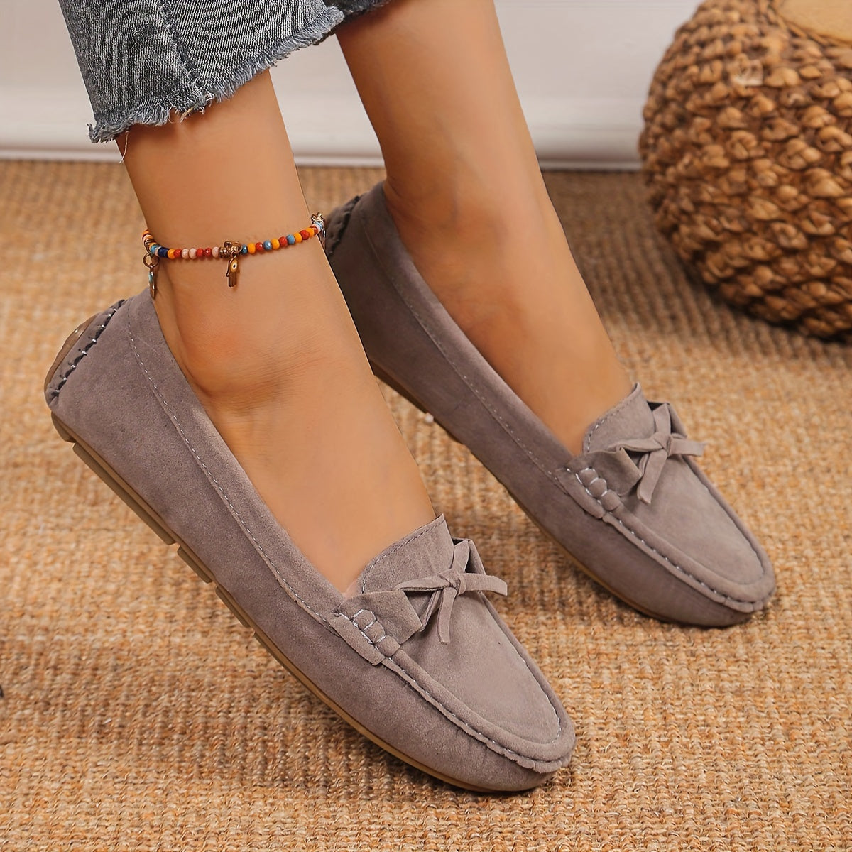 Retro loafersy z kokardą, buty wsuwane z okrągłym noskiem