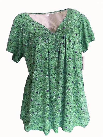 Floral Charm Plus Size V-Neck T-shirt z krótkim rękawem Boho T-shirt