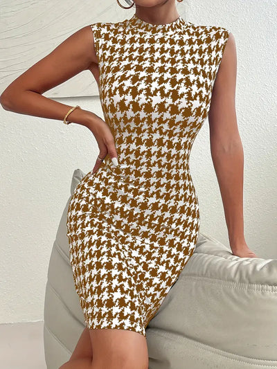 Bodycon z wzorem w pepitkę Sukienka bez rękawów Elegancka sukienka letnia z wysokim dekoltem