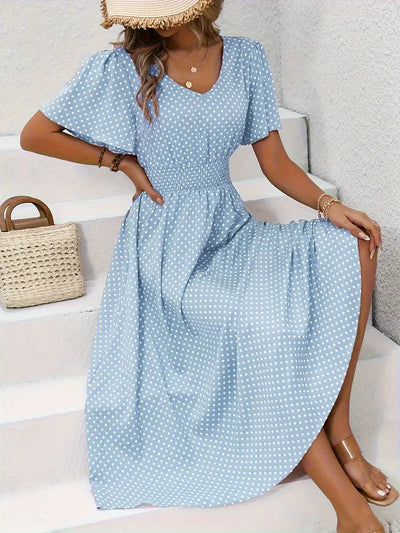 Sukienka midi Polkadot z dekoltem w szpic i marszczonymi rękawami Summer Look