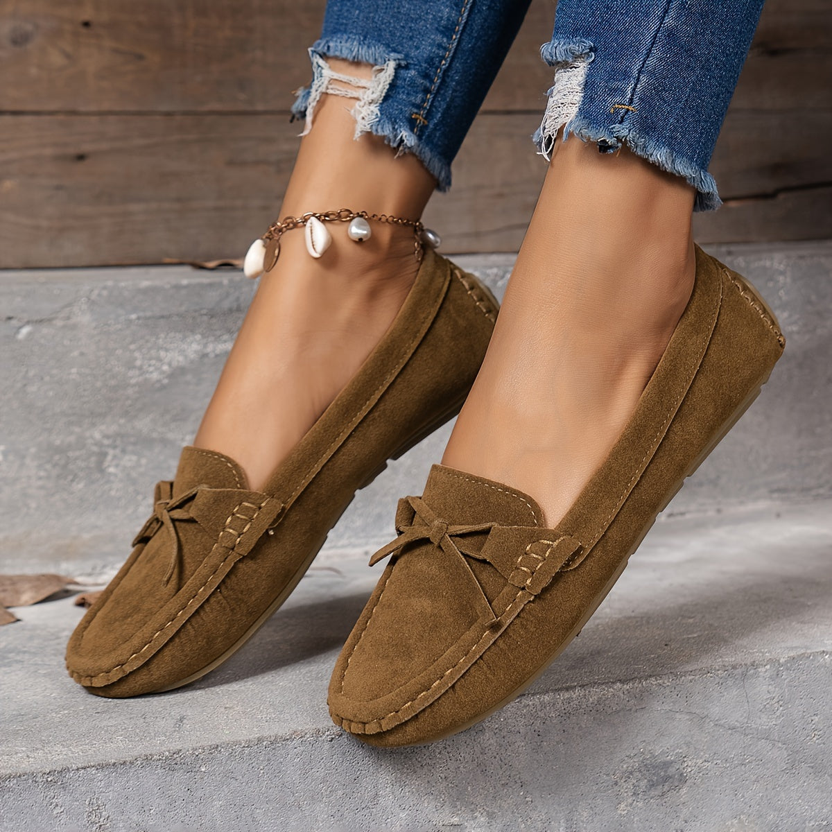 Retro loafersy z kokardą, buty wsuwane z okrągłym noskiem