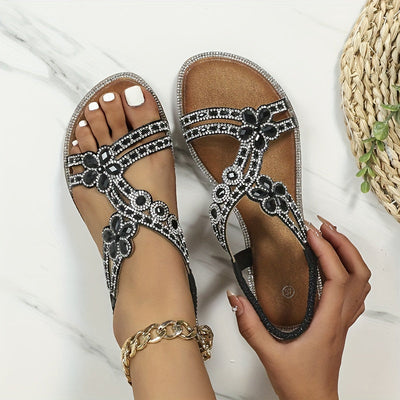 Sandały Boho Floral Rhinestone z otwartym palcem i elastycznym paskiem