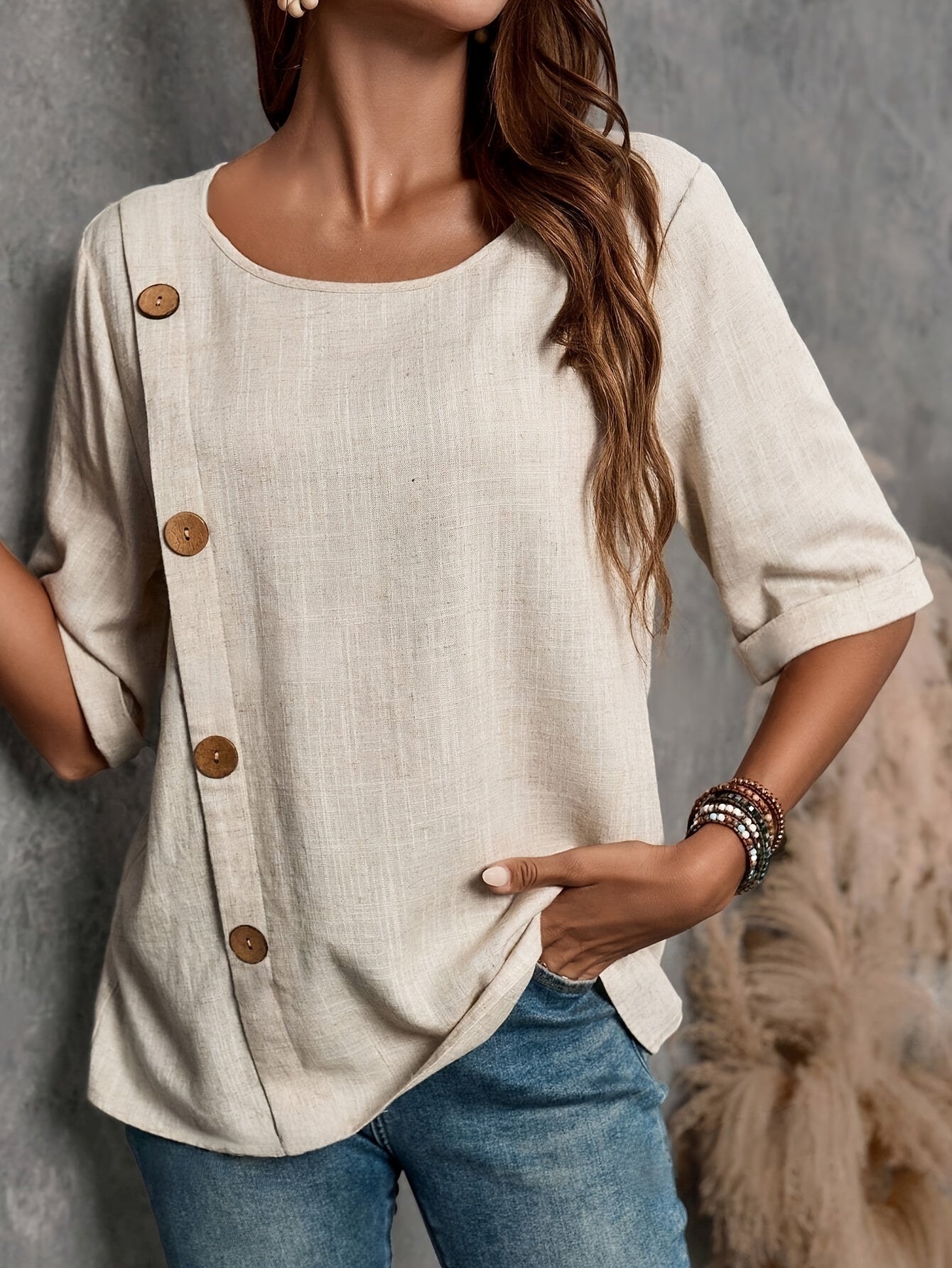Bluzka z guzikami w kolorze khaki, półrękawy Casual top