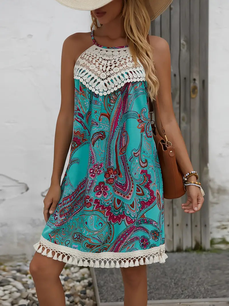 Elegancka sukienka Paisley z koronką - dekolt w serek, letnia sukienka maxi