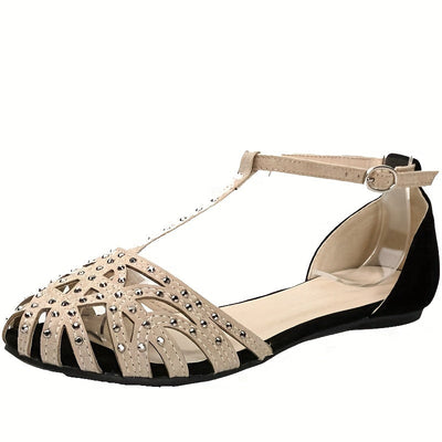 Płaskie sandały z kryształami dla kobiet, zamknięty palec, t-strap