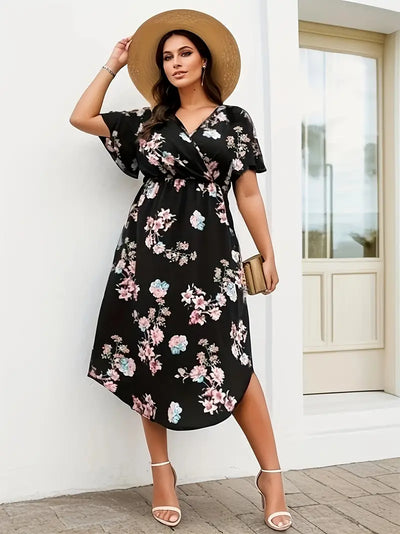 Grote Maten Elegante Maxi Jurk  Zwarte Bloemenprint, Vlindermouwen V-Hals
