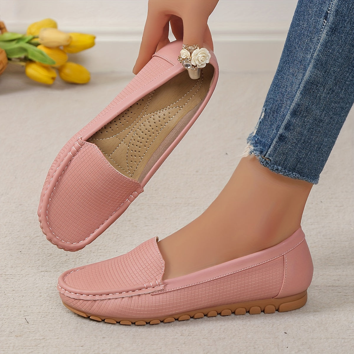 Letnie loafersy damskie - wygodne buty wsuwane z flanelową podszewką