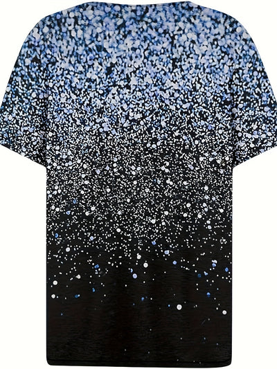 Lniany T-shirt damski – casualowa koszula z krótkim rękawem, graficznym nadrukiem i zapięciem na guziki