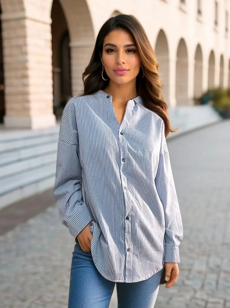 Casualowa koszula w paski z długim rękawem V-neck z mieszanki bawełny