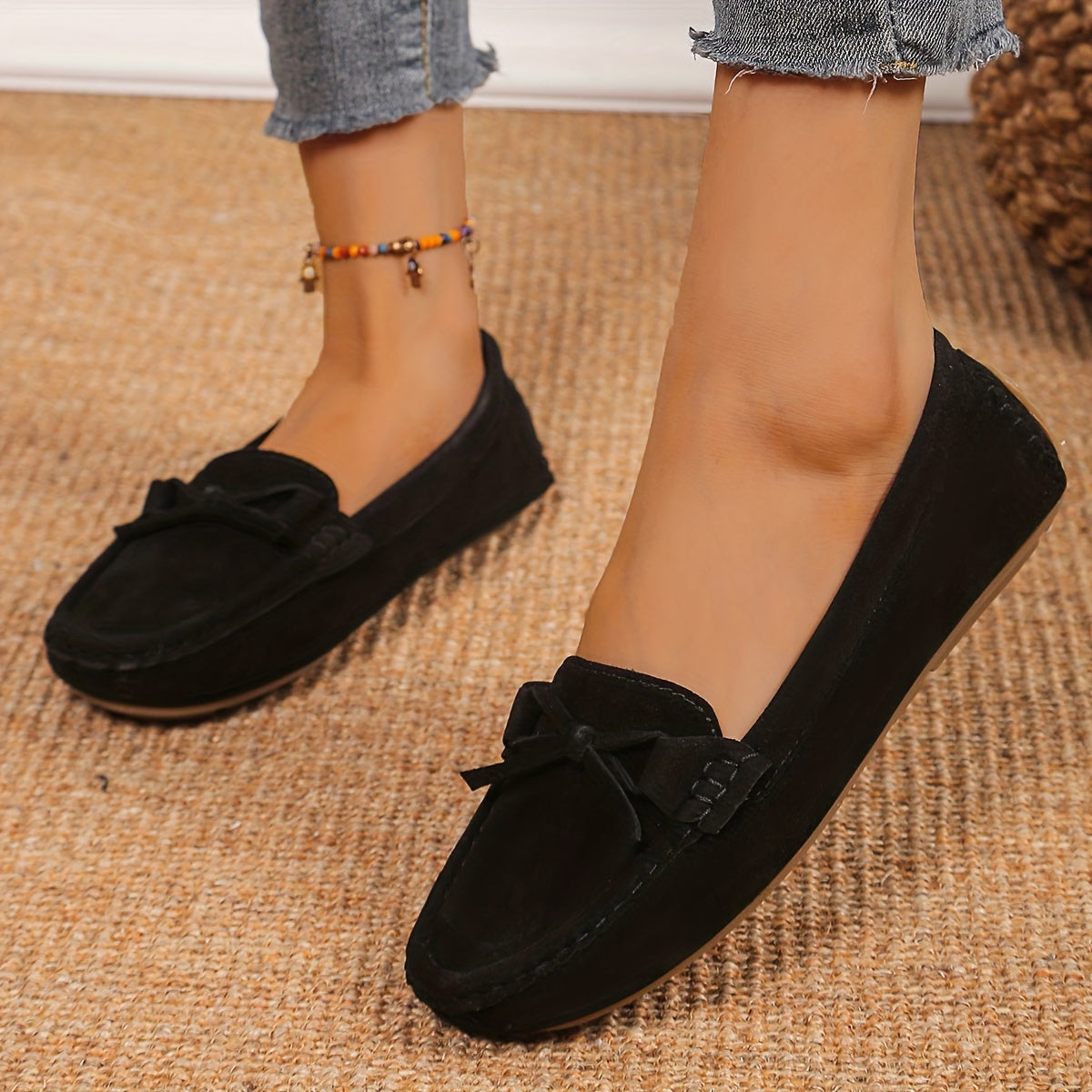 Retro loafersy z kokardą, buty wsuwane z okrągłym noskiem