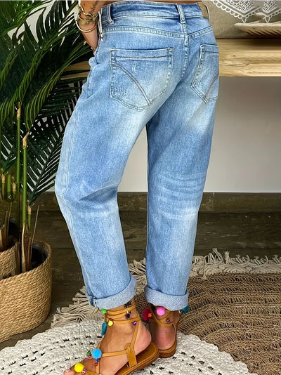 Dżinsy damskie typu boyfriend w stylu retro - styl Bootcut, dżins z wysokim stanem