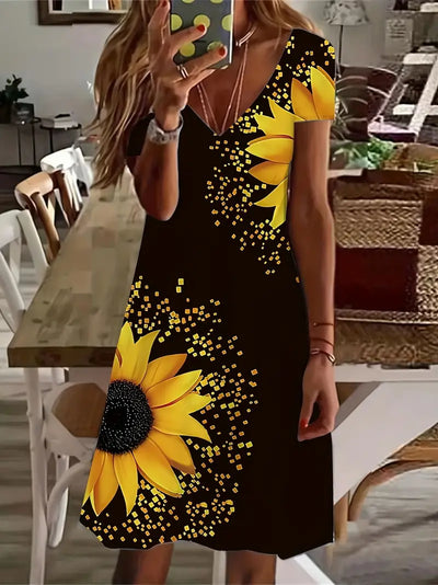 Letnia sukienka ze słonecznikami z dekoltem w serek z peplum midi czarna